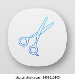 Scissors app icon. Haircutting shears. Cutting instrument with finger brace, tang. Hairdressing instrument. UI/UX user interface. Web or mobile applications. Vector isolated illustrations