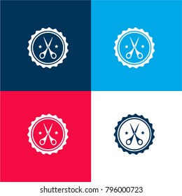 Scissors badge four color material and minimal icon logo set in red and blue