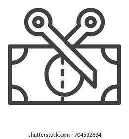 Scissors and banknote line icon, outline vector sign, linear style pictogram isolated on white. Tax symbol, logo illustration. Editable stroke. Pixel perfect vector graphics