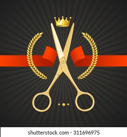 Scissors Barber Concept Golden Cut the Red Ribbon. The Symbol of the Winner on a Black Background. Vector illustration