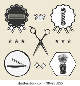 Scissors, barber pole, razor, combo, barber, shaving brush  symbol emblem label collection