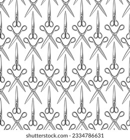 Scissors. Barber shop or tailor theme in black and white  colors. Seamless pattern with hairdressing scissors. Sewing background and cloth design. Vector illustration