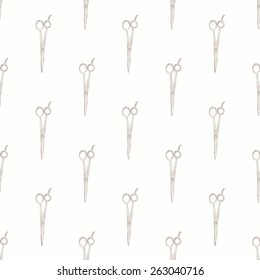 Scissors. Barber shop or tailor theme. Seamless watercolor pattern with scissors on the white background, aquarelle. Vector illustration. Hand-drawn original background. Real watercolor painting.
