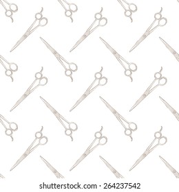 Scissors. Barber shop or tailor theme. Seamless watercolor pattern with scissors on the white background, aquarelle. Vector illustration.Hand-drawn decorative element. Real watercolor painting