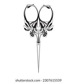 Scissors with bees on the handle. Design for logo for tool shop, barbershop, sewing scissors, decor, tattoo, salon, beauty salon, t-shirt printing and special clothing. Isolated vector