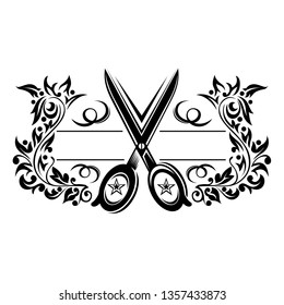 Scissors between floral pattern in vintage style. Barbershop or hairdressing salon label