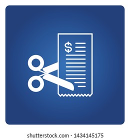 scissors and bill, cut the bill icon for cut or reduce expense icon blue background