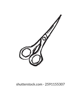 Scissors in in black brush stroke texture isolated on white background. Hand drawn vector sketch illustration in vintage charcoal ink. Stationery equipment, manicure tool