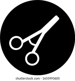 Scissors in black circle icon vector. Professional medical Scissor. Surgical Instrument, medical clamp, hairstyle scissor icon. Medical equipment. 