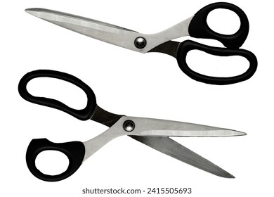 Scissors with black plastic handles, open and closed, on a white background.