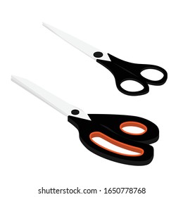 Scissors with black plastic handles set isolated on white background isometric view. Closed scissors