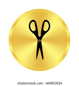 Scissors - black vector icon;  golden button
