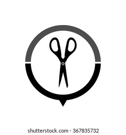 Scissors - black vector icon; map pointer;  message bubble
