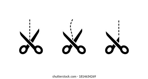 Scissors black vector icons. Scissors with cut lines. Scissors, isolated. Vector illustration