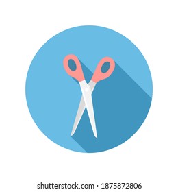 Scissors in blue circle on white background.