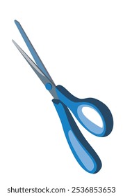 Tesoura com alça azul isolada no fundo branco ligeiramente aberta.