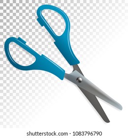 Scissors with blue plastic handles, open on a white background.