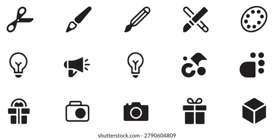 Scissors brush pencil pen paint palette light bulb camera gift box megaphone 3d cube icons.