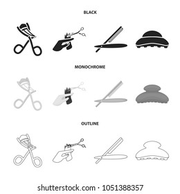 Scissors, brush, razor and other equipment. Hairdresser set collection icons in black,monochrome,outline style vector symbol stock illustration web.