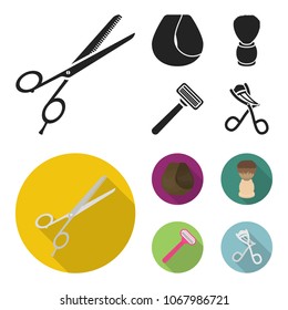 Scissors, brush, razor and other equipment. Hairdresser set collection icons in black, flat style vector symbol stock illustration web.