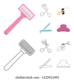 Scissors, brush, razor and other equipment. Hairdresser set collection icons in cartoon,outline style vector symbol stock illustration web.