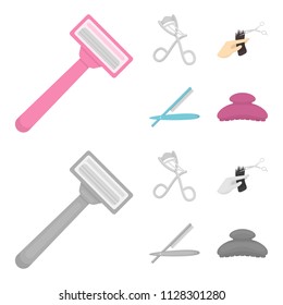 Scissors, brush, razor and other equipment. Hairdresser set collection icons in cartoon,monochrome style vector symbol stock illustration web.