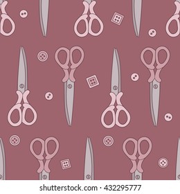 Scissors and buttons hand drawn seamless pattern. Doodle background vector