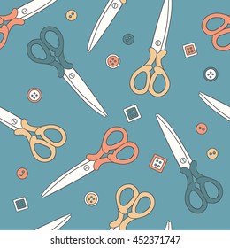 Scissors and buttons hand drawn seamless pattern. Doodle background vector