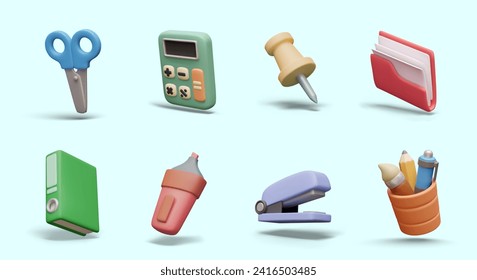 Scissors, calculator, office pin, marker, stapler, pencil cup