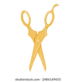 Scissors cartoon clipart. Vector flat design of opened gold shears. Isolated hand drawn illustration of haircutting scissors. Simple template for print and web design on white background.