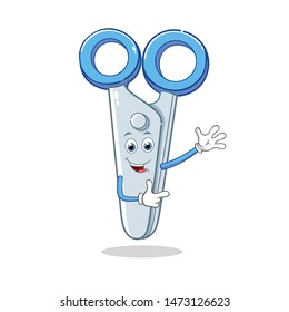 Scissors Cartoon Mascot Character Walking Happily.  Waving For Greeting And Pointing. 
