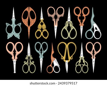 Scissors cartoon metal accessories and barber haircut pair isolated icon set. Steel tool instrument vector illustration barber or sewing. Office equipment collection object and handle shear blade