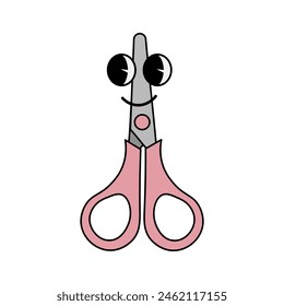 Scissors character in 70s cartoon style. Vector illustration isolated on white background