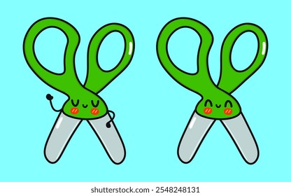 Scissors character. Vector hand drawn cartoon kawaii character illustration icon. Isolated on blue background. Scissors character concept