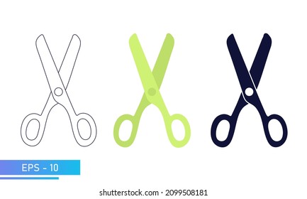 Scissors for children for hobbies and applications. In solid fill, in lines and in color. Hobby and leisure items. Vector illustration.