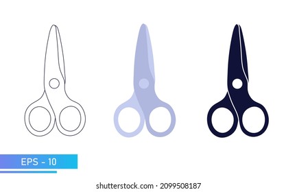 Scissors for children for hobbies and applications. In solid fill, in lines and in color. Hobby and leisure items. Vector illustration.