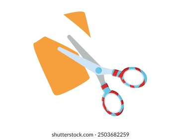 Scissors. Children's open scissors cutting sheet of colored paper. Hand cutter tools equipment shears. Stationery isolated on white background. Office stationery tool. Flat vector illustration.