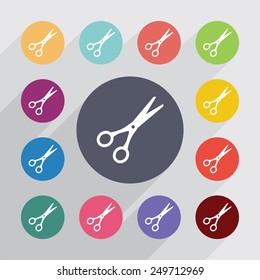 scissors circle, flat icons set. Round colorful buttons 