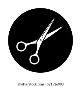 Scissors circle icon. Black, round, minimalist icon isolated on white background. Shears simple silhouette. Web site page and mobile app design vector element.