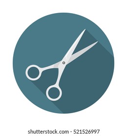 Scissors circle icon with long shadow. Flat design style. Shears simple silhouette. Modern, minimalist, round icon in stylish colors. Web site page and mobile app design vector element.