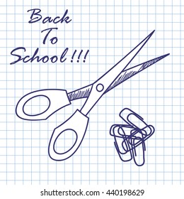 Scissors and clips. Doodle sketch on checkered paper background. Vector illustration.