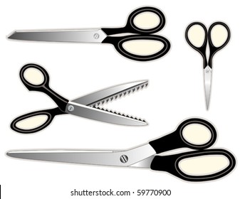 Scissors Collection. Embroidery scissors, dressmaker, standard and pinking shears for needle craft, sewing, tailoring, quilting, arts and crafts. EPS8 compatible