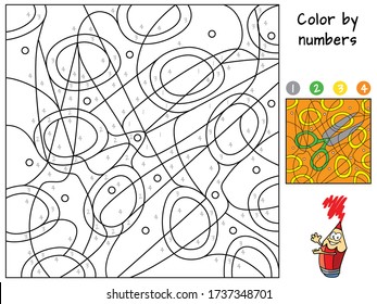 Scissors. Color by numbers. Coloring book. Educational puzzle game for children. Cartoon vector illustration