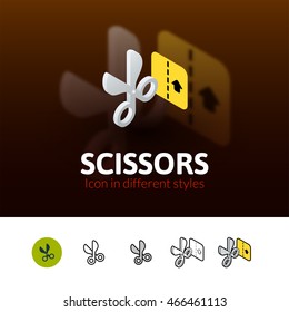 Scissors color icon, vector symbol in flat, outline and isometric style isolated on blur background