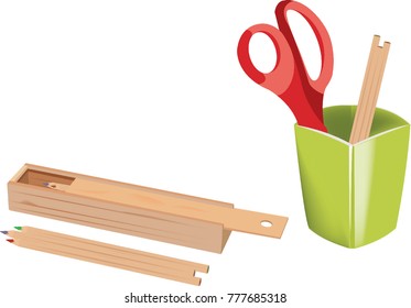 scissors colored pencils and green pen holder
