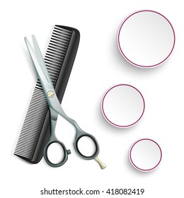 Scissors and comb with 3 circles on the white background. Eps 10 vector file.