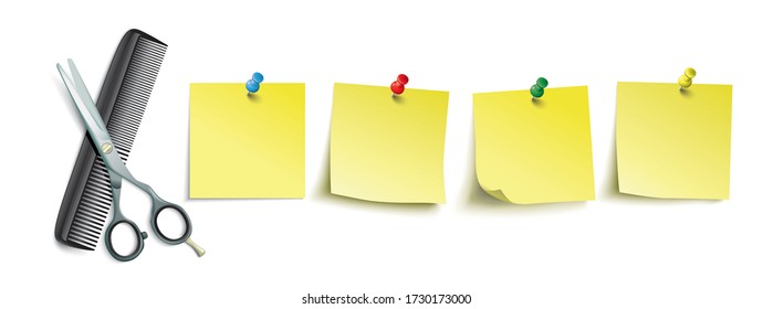Scissors and comb with 4 yellow sticks with pins on the white background. Eps 10 vector file. 