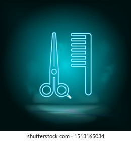 Scissors, comb, barber blue neon vector icon. Simple element illustration from map and navigation concept. Scissors, comb, barber blue neon vector icon. Real estate concept vector illustration.