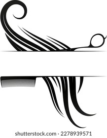 Scissors comb and beautiful curls of hair. Unique design for hair stylist and beauty salon