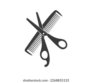 Scissors and comb black silhouette, barber, simple hair dresser icon, barbershop logo design. Sign crossed scissors and hair brush. Barbershop symbols vector design and illustration.